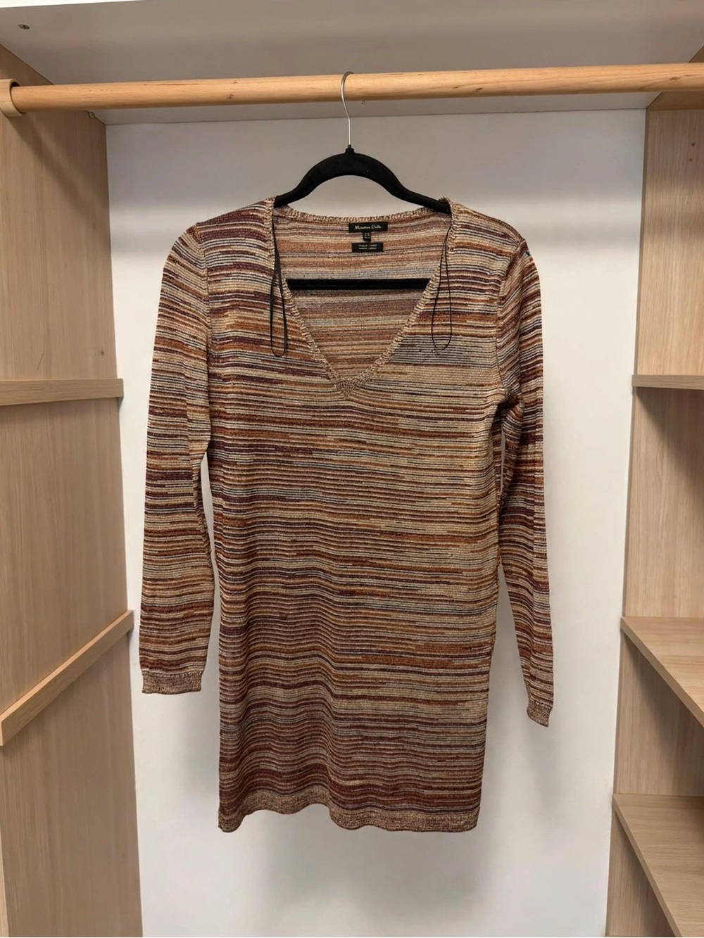 Massimo Dutti Striped V-Neck Long Sleeve Dress in Brown and Cream XS